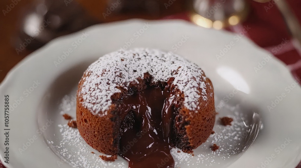 Close-up of a chocolate lava cake on a white plate with powdered sugar, with a fork and a red napkin in the background. Close-up of a chocolate lava cake on a white plate with powdered sugar, with a fork and a red napkin in the background.