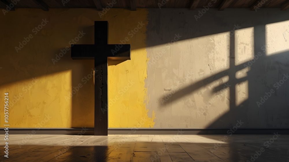 Naklejka premium Black wooden cross in praying room, Christian church interior with yellow color. with light coming out from window.