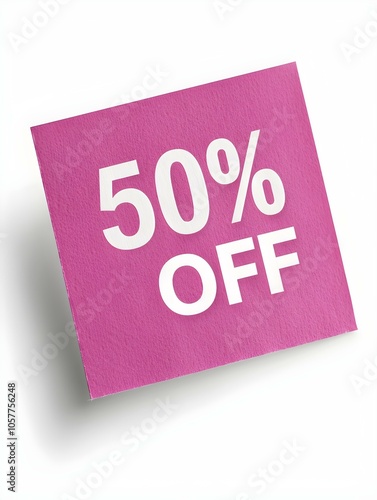 White '50% OFF' Text on a Hot Pink Square Paper Note. White Background 