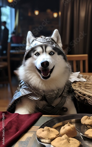 A husky dog dressed as a knight sits at a table with a plate of treats. The dog looks playful and ready to enjoy their meal.