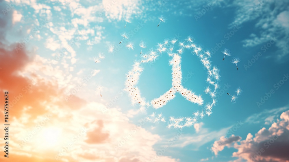 Obraz premium Floating dandelion seeds in the shape of a peace sign, isolated on a sunny sky background, with soft light rays
