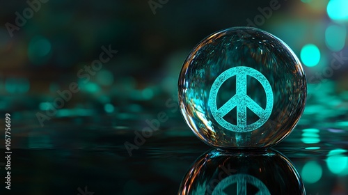 Glass globe with peace symbol engraved, isolated on a dark background, with reflections of soft green and blue lights photo