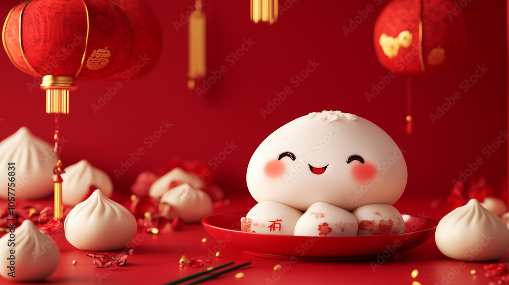 Adorable dumplings with smiling faces on a festive red plate surrounded by Chinese lanterns for Lunar New Year Adorable dumplings with smiling faces on a festive red plate surrounded by Chinese lanterns for Lunar New Year
