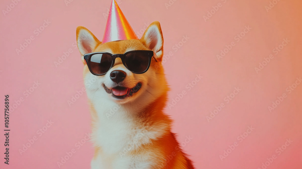 Adorable Shiba Inu dog wearing sunglasses and a party hat, smiling against a pink background for a fun celebration Adorable Shiba Inu dog wearing sunglasses and a party hat, smiling against a pink background for a fun celebration