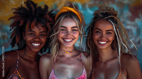 Cheerful group of three young, diverse female athletes celebrate their friendship and healthy lifestyle while wearing fitness clothing 