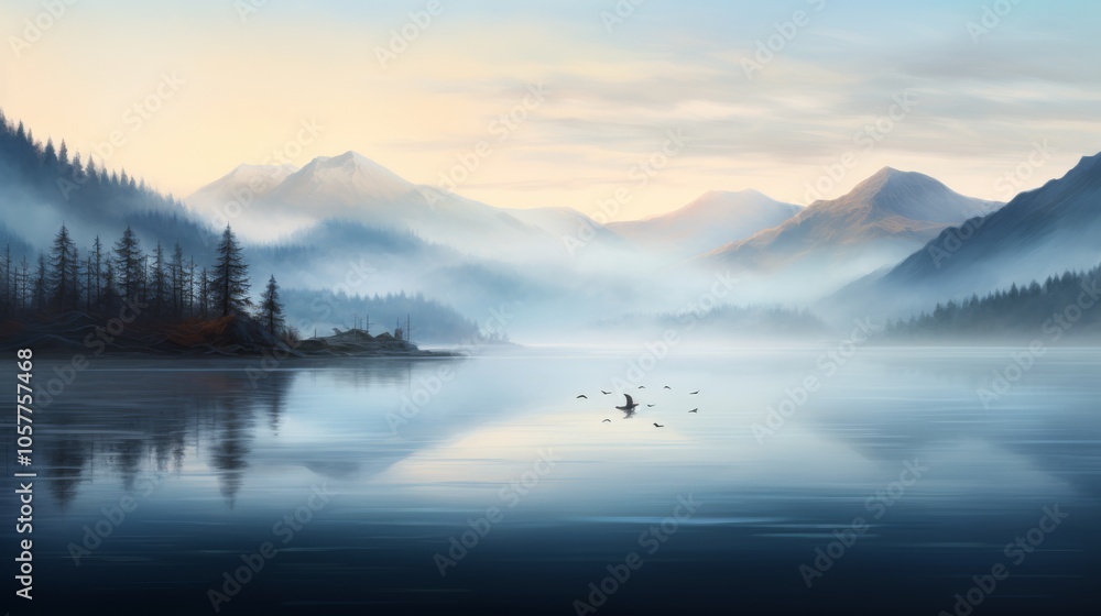 Fototapeta premium Foggy lake with distant mountains, quiet setting, muted dawn light