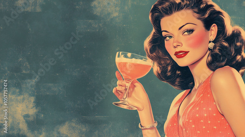 Vintage inspired woman holding a cocktail with classic elegance against a retro textured background in warm tones