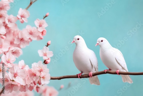 Abstract mural wallpaper: Pigeons, birds, sakura flowers, pastel color palette  photo