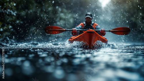 A kayaker skillfully navigates a powerful wave in the ocean at sunset. Generative AI