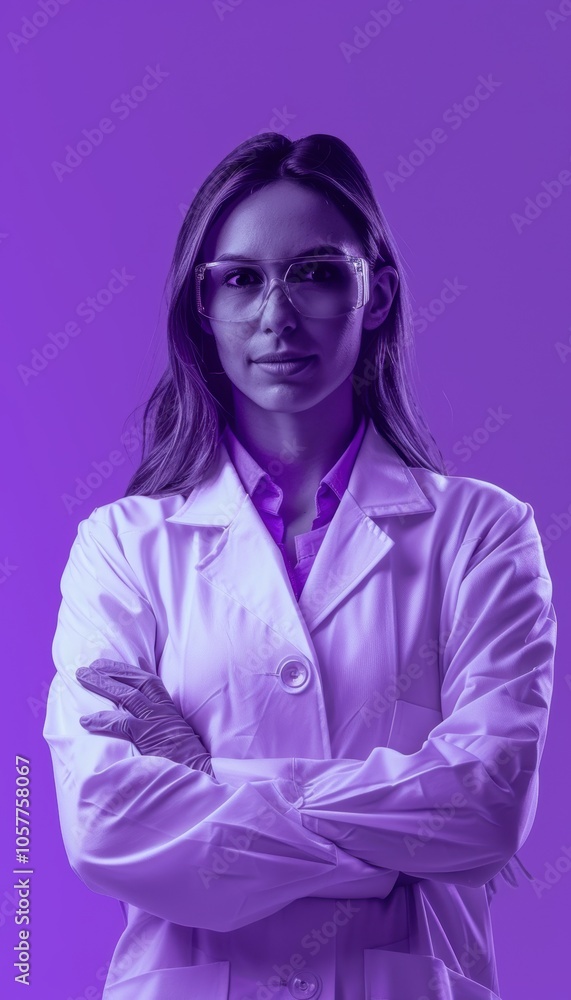 Confident Female Engineer in Lab Coat and Safety Glasses on Monochrome Purple Background Confident Female Engineer in Lab Coat and Safety Glasses on Monochrome Purple Background