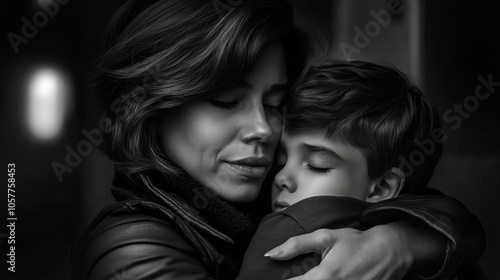 A Mother's Embrace Black and White Portrait of a Woman Holding Her Son Close, Eyes Closed in a Moment of Tenderness