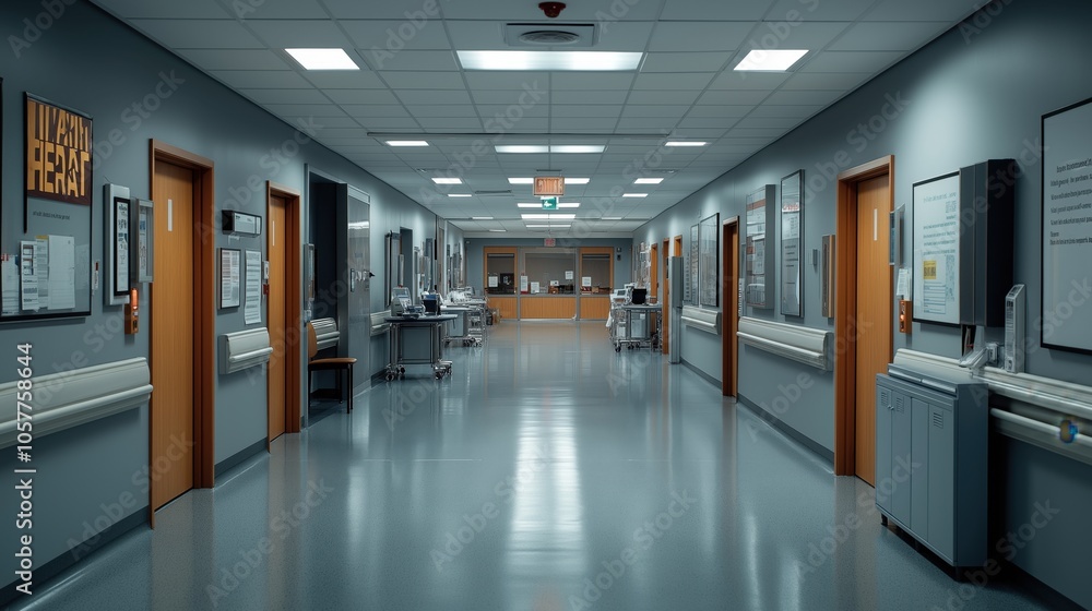 Empty hospital corridor with closed doors and medical equipment in a clean and sterile environment Empty hospital corridor with closed doors and medical equipment in a clean and sterile environment