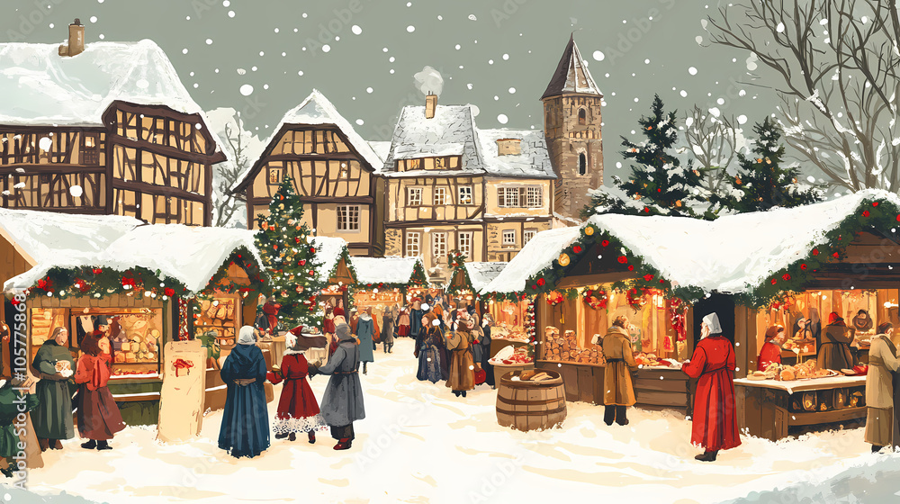 Fototapeta premium Christmas market in a medieval european town. Medieval Artisan Market. Illustration