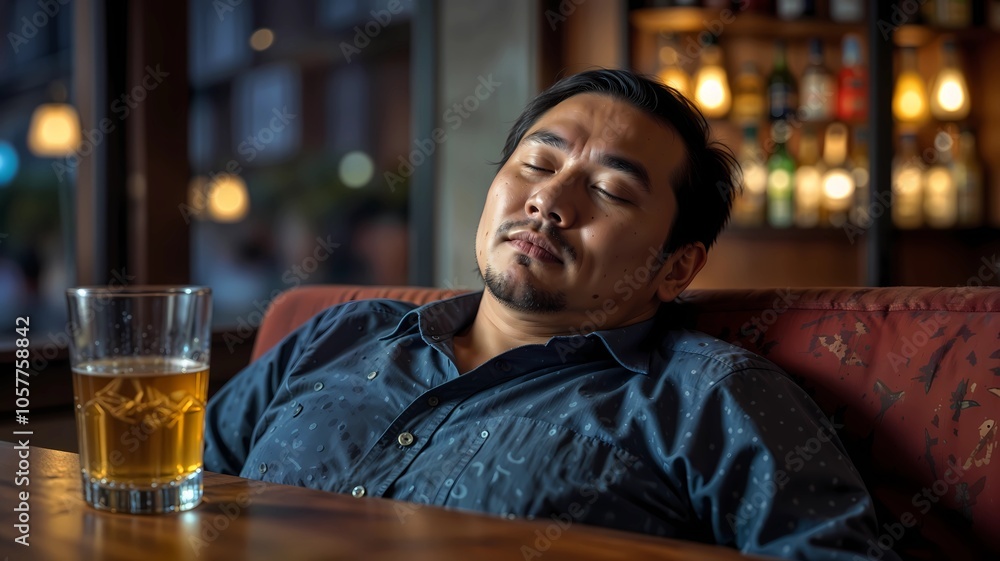 Drunk Asian man sleeping next to a drink Drunk Asian man sleeping next to a drink