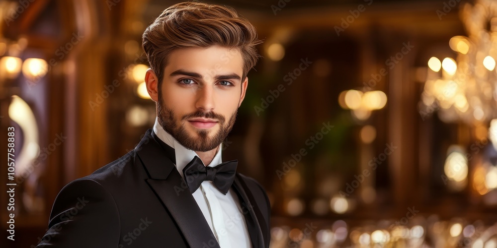 Fototapeta premium Elegant Man in Tuxedo with Bokeh Lights in the Background