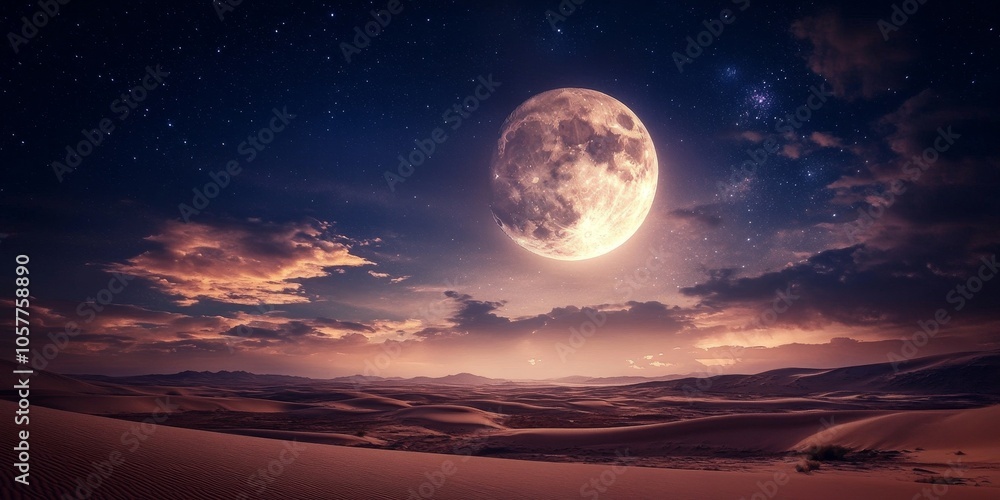 Desert Dreamscape A Full Moon Rises Over Crimson Dunes, Illuminated by a Starry Sky Desert Dreamscape A Full Moon Rises Over Crimson Dunes, Illuminated by a Starry Sky