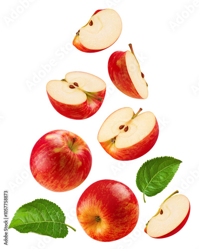 Apples isolated set. Collection of red apples, apple slices and halves on transparent background.