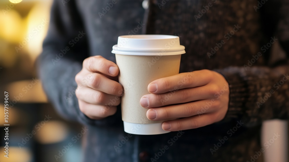 Person holding a coffee cup with a lid Person holding a coffee cup with a lid