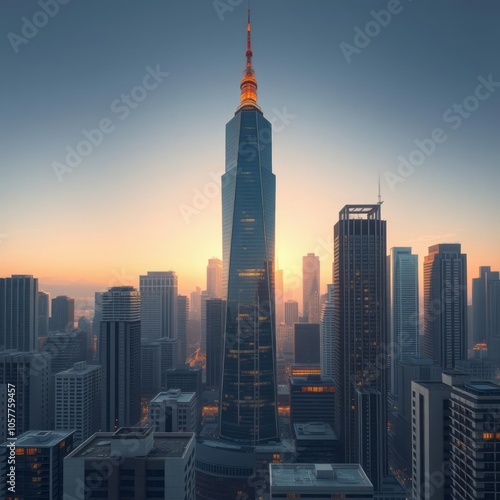 A city skyline with a tall building in the center Condominium 