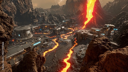 Futuristic city built on a volcanic planet with lava flowing through the streets.