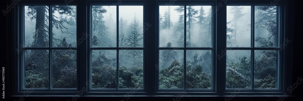 Fototapeta premium Snowy Forest Through a Window Pane A Misty Winter Landscape in Five Frames
