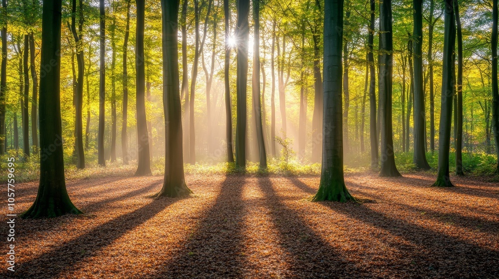 Fototapeta premium Sunbeams Through the Trees in an Autumn Forest