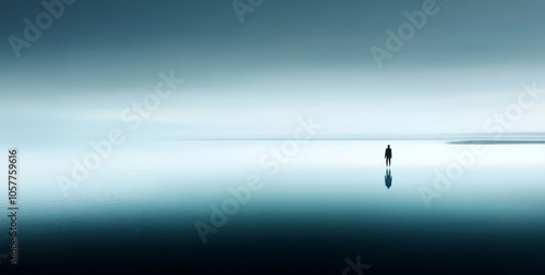 Solitude on the Horizon A Silhouette in a Misty Blue Landscape