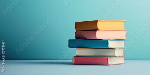 Stack of Colorful Books on a Blue Background