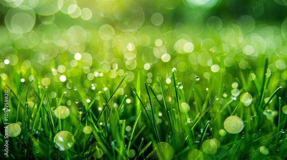 Fototapeta premium Fresh morning dew droplets glistening on green spring grass