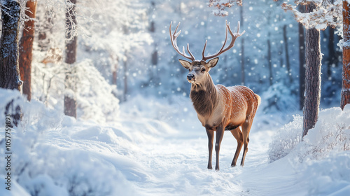 Elegant deer with large antlers standing in a snowy winter forest with soft snowfall and frosty trees around