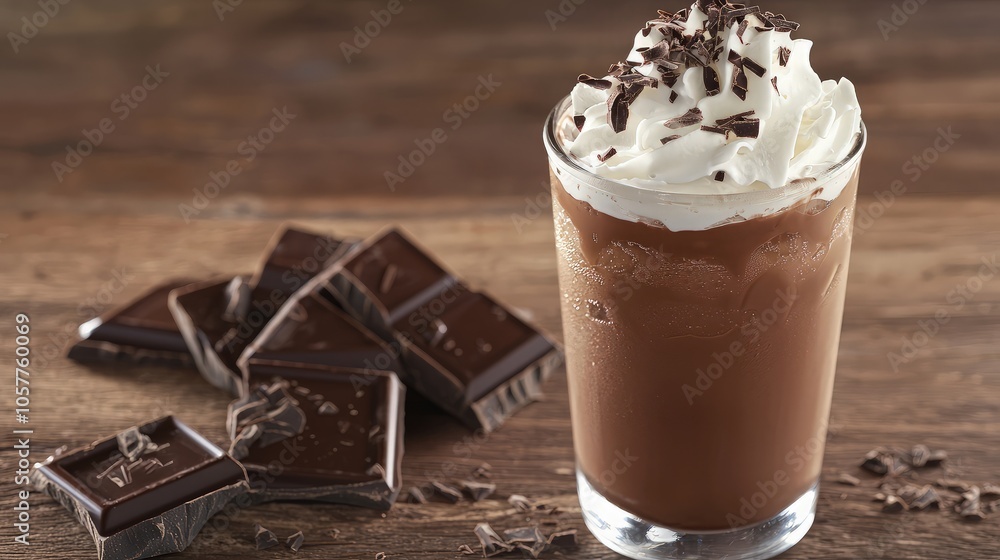 Iced chocolate drink with whipped cream and chocolate shavings on a wooden table. Iced chocolate drink with whipped cream and chocolate shavings on a wooden table.