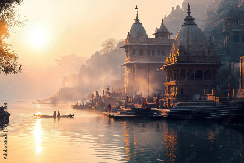 Fototapeta premium A Hindu temple at sunrise, with people performing their morning rituals along the riverbank.