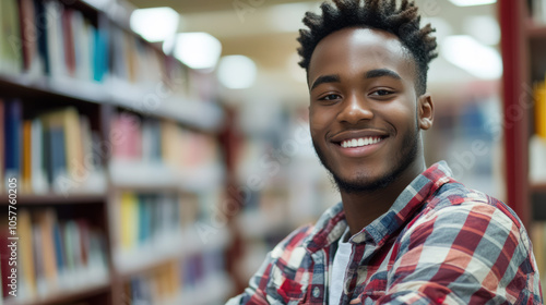 A young man with a smile on his face is standing in a library