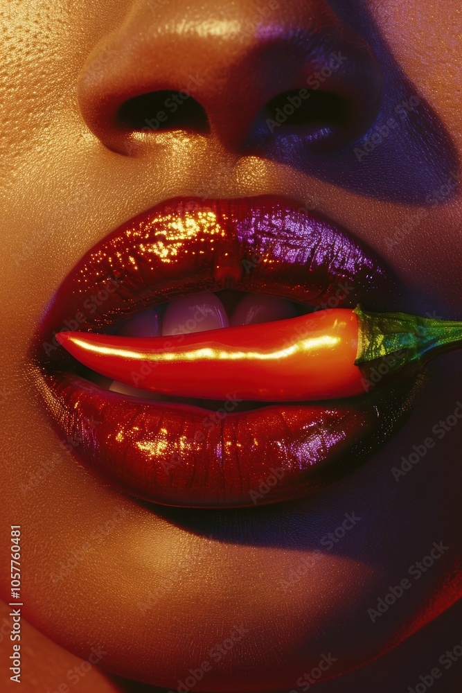 Obraz premium Spicy Red Concept: Chili Pepper on Glossy Lips for Bold Design and Food Advertising
