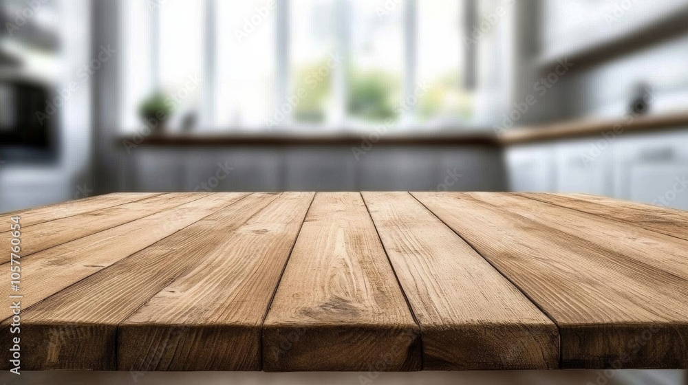 Empty wood table with blurred modern kitchen; bright neutral palette Empty wood table with blurred modern kitchen; bright neutral palette