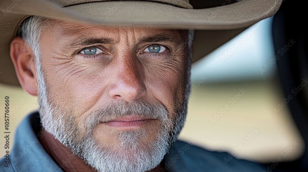 Portrait thoughtful male rancher in cowboy hat on ranch Portrait thoughtful male rancher in cowboy hat on ranch