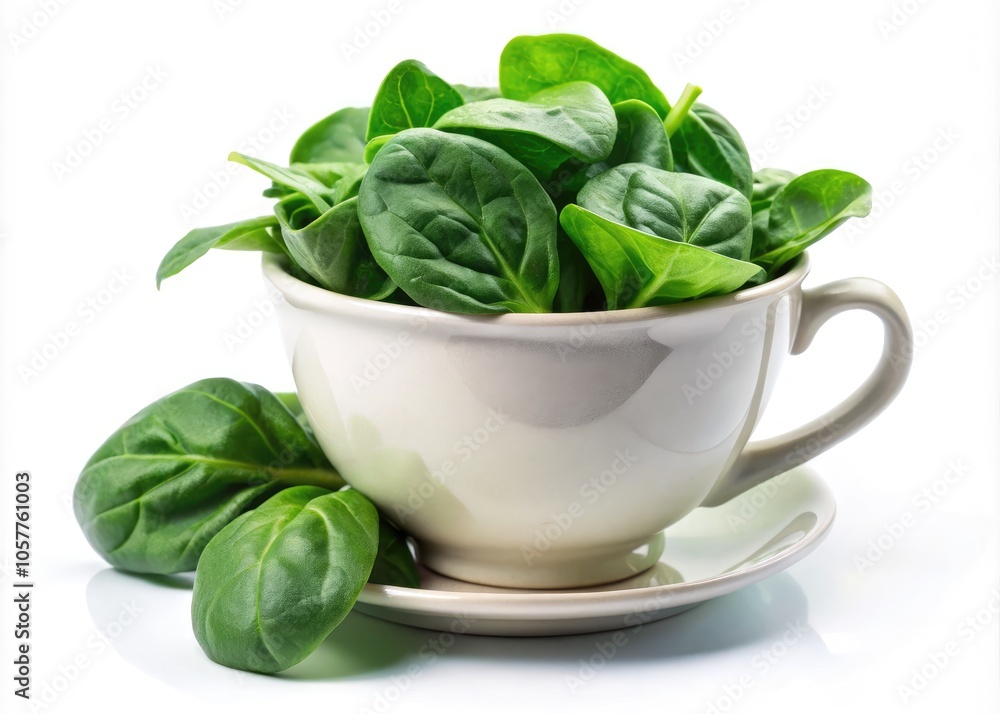 Fresh spinach leaves in a cup on a white background with standard scale perspective. Generative AI Fresh spinach leaves in a cup on a white background with standard scale perspective. Generative AI