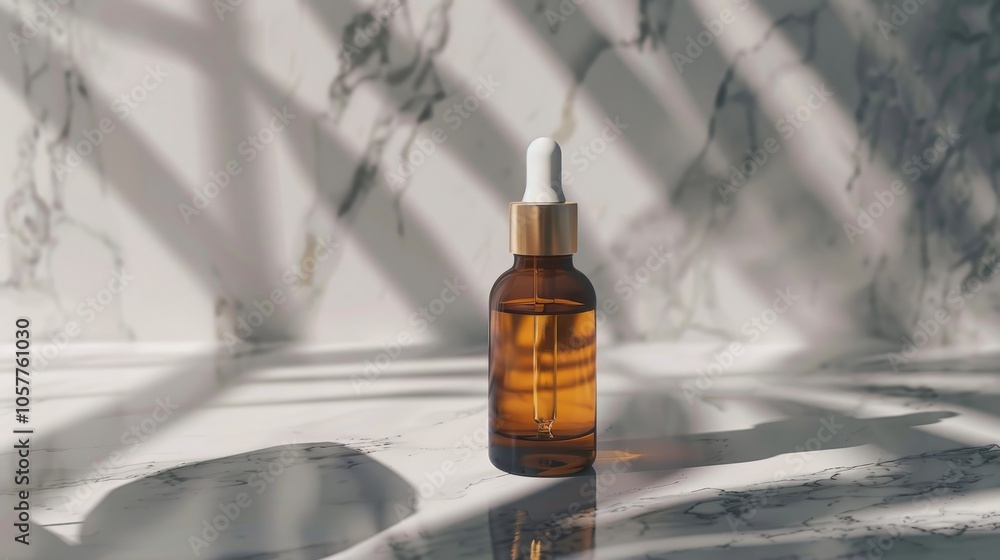 Glass dropper bottle with skincare serum on a marble surface Glass dropper bottle with skincare serum on a marble surface