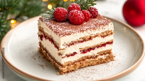 Festive Christmas tiramisu; AI-generated; warm, cozy palette of reds, greens 