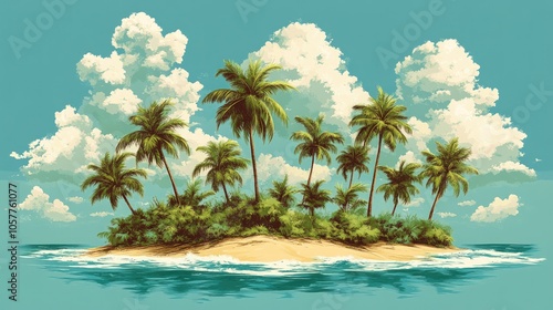 A tropical island with palm trees, lush greenery, and a blue sky with fluffy white clouds.