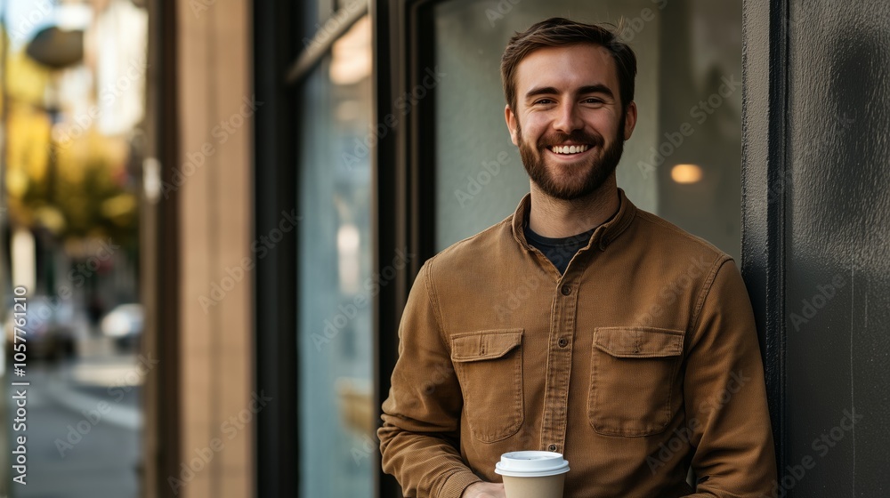 Man is smiling and holding a coffee cup Man is smiling and holding a coffee cup