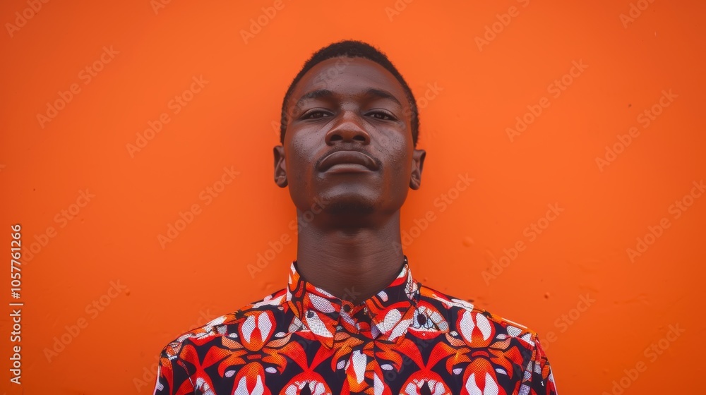 Confident Young Man in Bold Shirt Against Vibrant Orange Background for Creative Design Confident Young Man in Bold Shirt Against Vibrant Orange Background for Creative Design