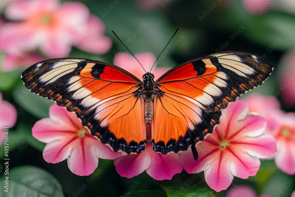 Obraz premium an enchanting orange butterfly resting on pink flowers in a vibrant garden setting