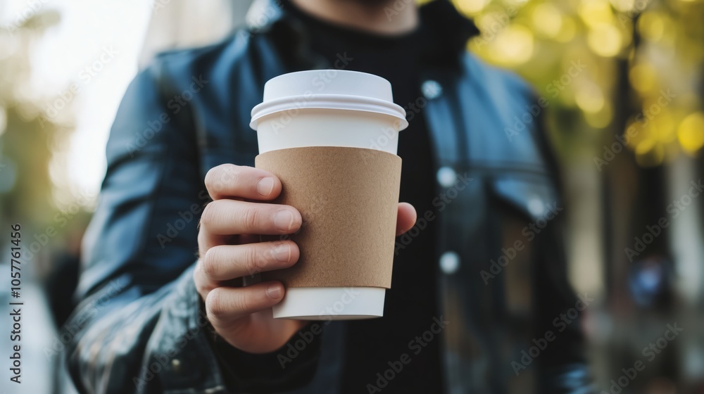 Man holding a coffee cup with a brown sleeve Man holding a coffee cup with a brown sleeve