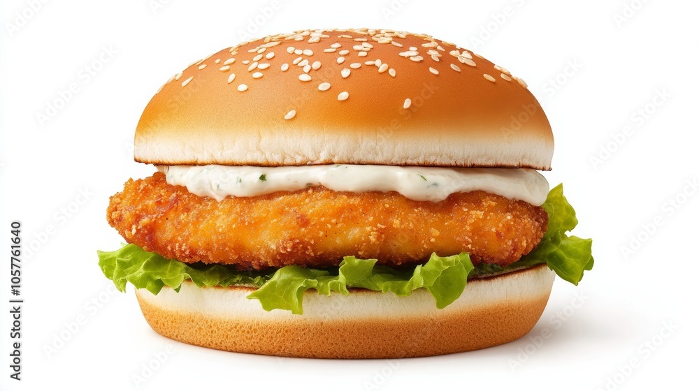 Fish burger with crispy fillet, lettuce, tangy sauce; neutral palette Fish burger with crispy fillet, lettuce, tangy sauce; neutral palette