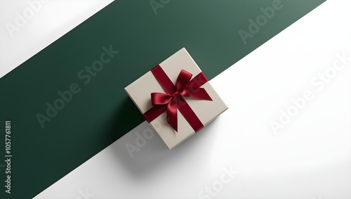 Elegant gift box with a burgundy ribbon on a modern green and white background.