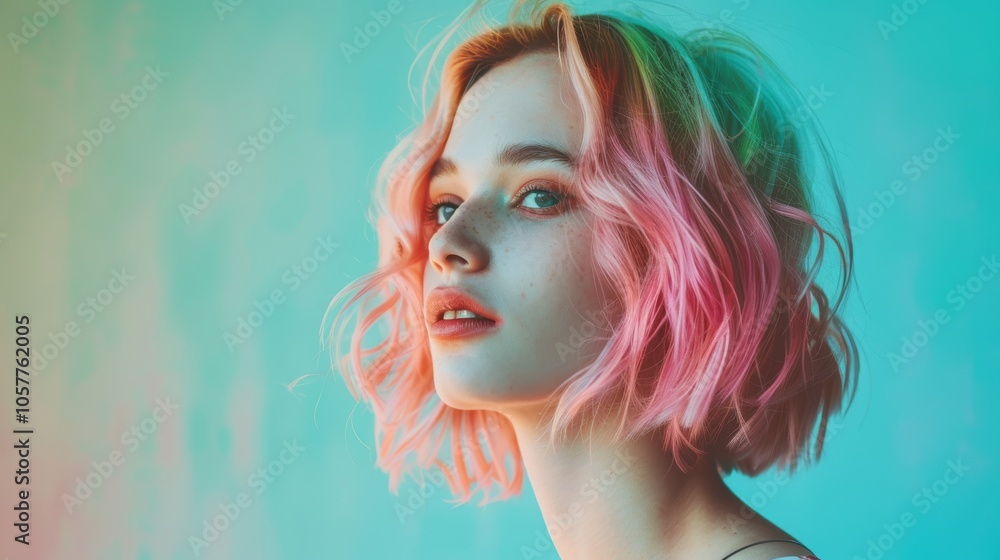 Modern Portrait of a Young Woman with Pastel Hair and Vibrant Turquoise Background Modern Portrait of a Young Woman with Pastel Hair and Vibrant Turquoise Background