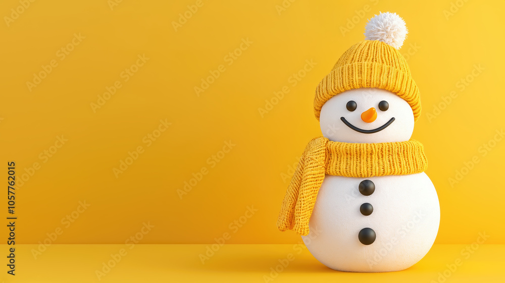 snowman with pink winter hat and scarf on yellow background snowman with pink winter hat and scarf on yellow background