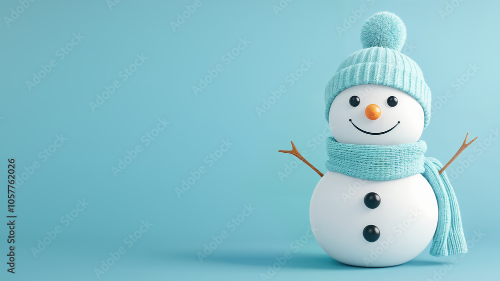 snowman with pink winter hat and scarf on blue background snowman with pink winter hat and scarf on blue background