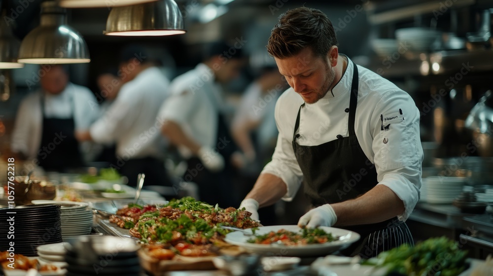 Chefs in a busy restaurant kitchen work with their teams, cooking multiple dishes simultaneously in a fast-paced environment. Chefs in a busy restaurant kitchen work with their teams, cooking multiple dishes simultaneously in a fast-paced environment.